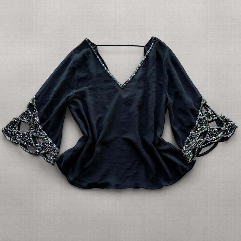 Y2K BKE Boutique Black Chiffon Beaded Top Womens S Open Back Bell Sleeve Sequin